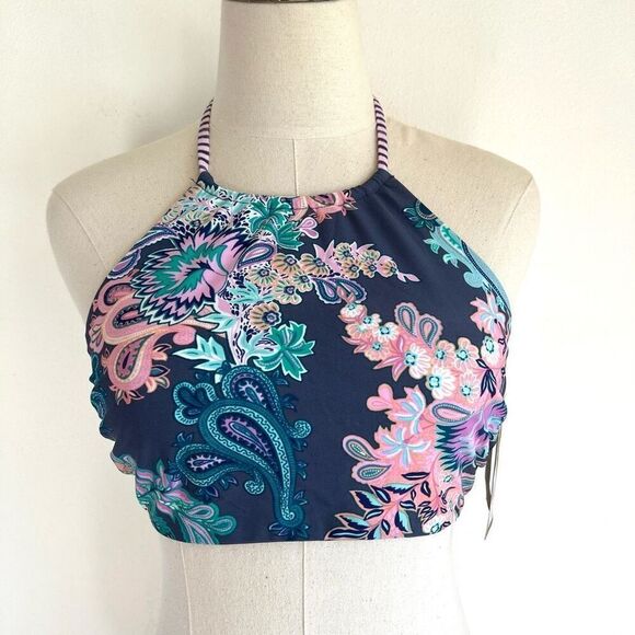 True Craft High Neck Reversible Bikini Top Size Large Paisley Floral and Striped - Picture 1 of 12
